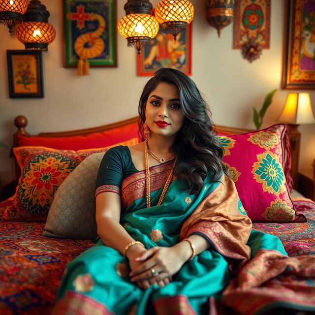 A desi woman in traditional attire lying comfortably on a bed with vibrant Indian textiles, her hair loosely styled, surrounded by decorative pillows