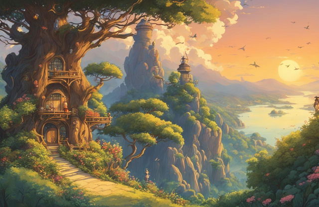 Detailed Studio Ghibli poster with whimsical tree and creatures, serene background scenery, warm sunset lighting, and intricate border design