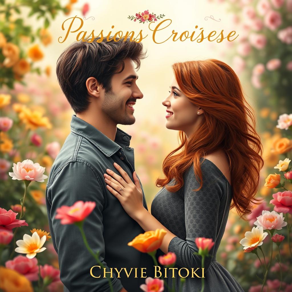 A romantic book cover for 'Passions Croisées' by Chyvie Bitoki, featuring a star-crossed couple standing in a lush, vibrant garden filled with blooming flowers of various colors