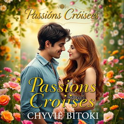A romantic book cover for 'Passions Croisées' by Chyvie Bitoki, featuring a star-crossed couple standing in a lush, vibrant garden filled with blooming flowers of various colors