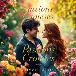 A romantic book cover for 'Passions Croisées' by Chyvie Bitoki, featuring a star-crossed couple standing in a lush, vibrant garden filled with blooming flowers of various colors