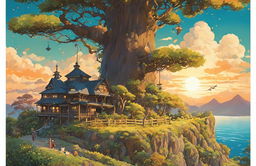 Detailed Studio Ghibli poster with whimsical tree and creatures, serene background scenery, warm sunset lighting, and intricate border design