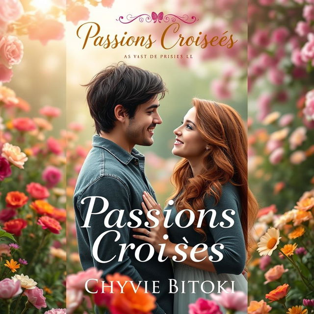 A romantic book cover for 'Passions Croisées' by Chyvie Bitoki, featuring a star-crossed couple standing in a lush, vibrant garden filled with blooming flowers of various colors