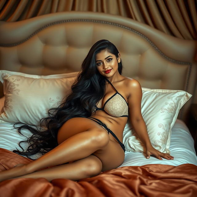 A voluptuous South Asian woman lounging on a beautifully made bed, exuding confidence and allure