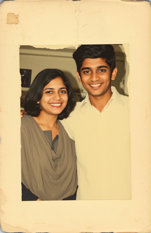 An old, faded photograph depicting two friends, Aisha and Darshan, captured in a moment of joy but now showing signs of wear and tear, with a portion of the image torn or faded to symbolize lost memories and the fragility of their past