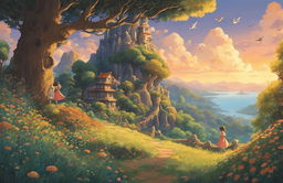 Detailed Studio Ghibli poster with whimsical tree and creatures, serene background scenery, warm sunset lighting, and intricate border design