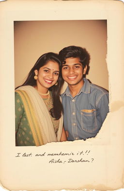 An old, faded photograph depicting two friends, Aisha and Darshan, captured in a moment of joy but now showing signs of wear and tear, with a portion of the image torn or faded to symbolize lost memories and the fragility of their past
