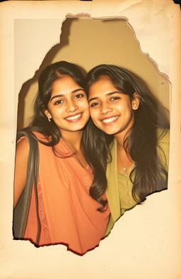 An old, faded photograph depicting two friends, Aisha and Darshan, captured in a moment of joy but now showing signs of wear and tear, with a portion of the image torn or faded to symbolize lost memories and the fragility of their past