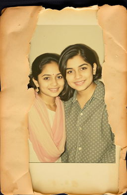 An old, faded photograph depicting two friends, Aisha and Darshan, captured in a moment of joy but now showing signs of wear and tear, with a portion of the image torn or faded to symbolize lost memories and the fragility of their past