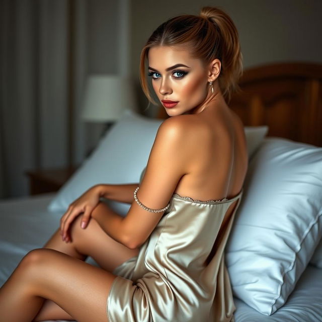 A gorgeous shy woman in her 20s with cute blue eyes and a neat ponytail, showcasing her perfect legs while wearing a sexy small open-back silk nightgown that accentuates her graceful figure