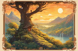 Detailed Studio Ghibli poster with whimsical tree and creatures, serene background scenery, warm sunset lighting, and intricate border design