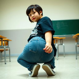 A chubby Asian girl with short hair is squatting down in a playful pose, showcasing her prominent butt while wearing snug jeans