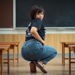 A chubby Asian girl with short hair is squatting down in a playful pose, showcasing her prominent butt while wearing snug jeans