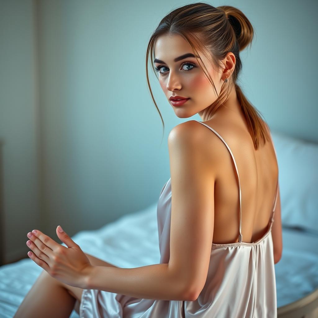 A gorgeous shy woman in her 20s with cute blue eyes and a neat ponytail, elegantly displaying her perfect feet while wearing a sexy small open-back silk nightgown that accentuates her delicate form