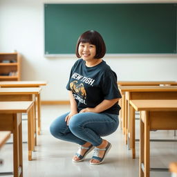 A chubby Asian girl with short bob hair is playfully squatting in an empty Japanese high school classroom