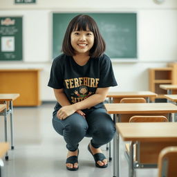 A chubby Asian girl with short bob hair is playfully squatting in an empty Japanese high school classroom