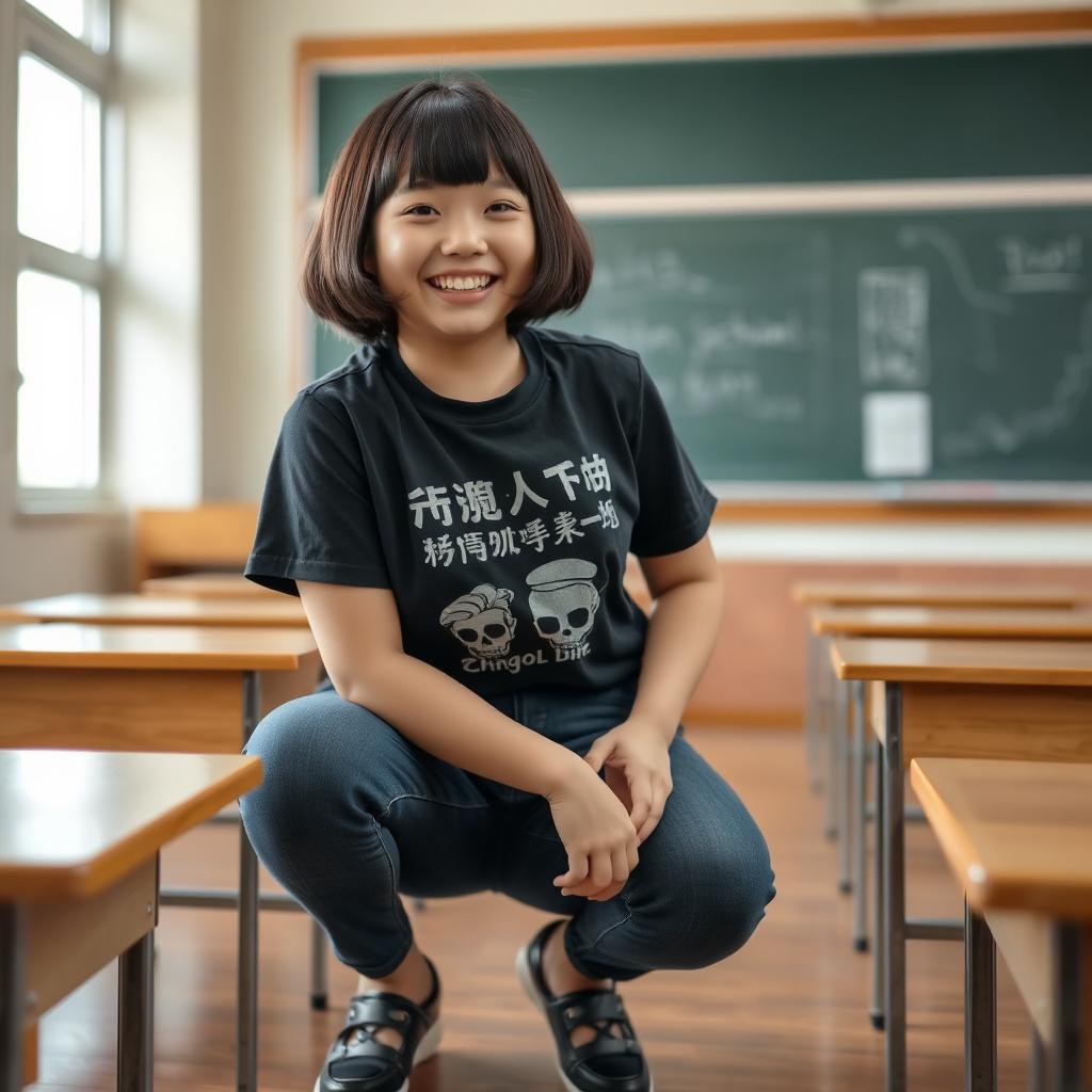 A chubby Asian girl with short bob hair is playfully squatting in an empty Japanese high school classroom