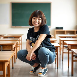 A chubby Asian girl with short bob hair is playfully squatting in an empty Japanese high school classroom