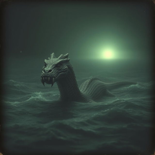 A grainy photograph depicting a mysterious sea monster spotted in the water