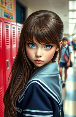 A high school girl with sharp, intense gaze and striking blue eyes
