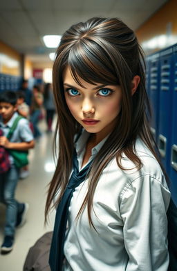 A high school girl with sharp, intense gaze and striking blue eyes
