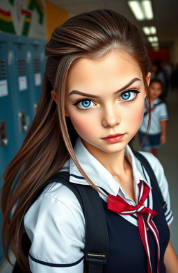 A high school girl with sharp, intense gaze and striking blue eyes