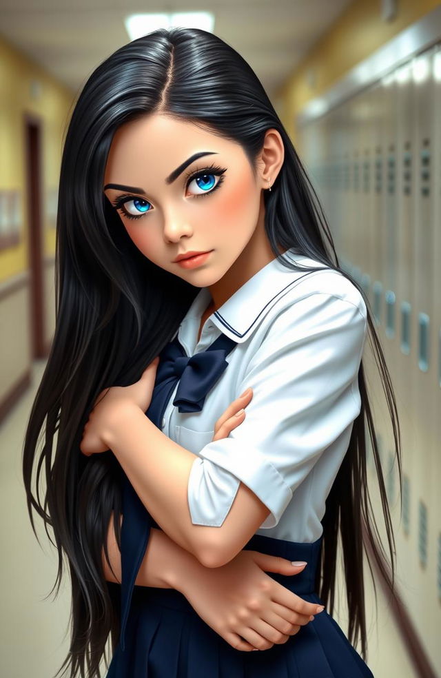 A high school girl with sharp and intense eyes, featuring striking blue irises