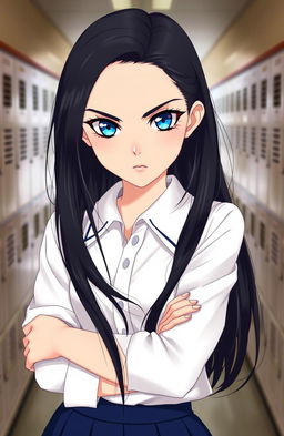 A high school girl with sharp and intense eyes, featuring striking blue irises