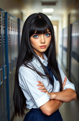 A high school girl with sharp and intense eyes, featuring striking blue irises
