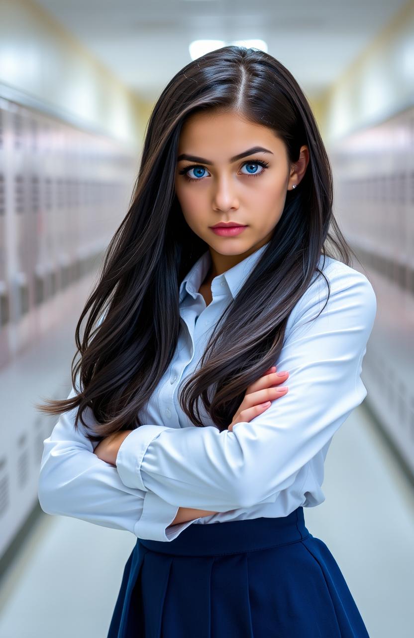 A high school girl with sharp and intense eyes, featuring striking blue irises