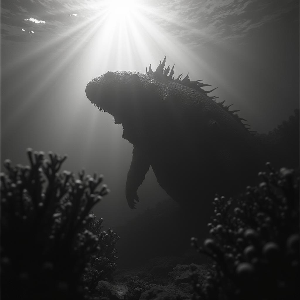 A grainy black and white photograph depicting a mysterious sea monster lurking beneath the surface of the ocean