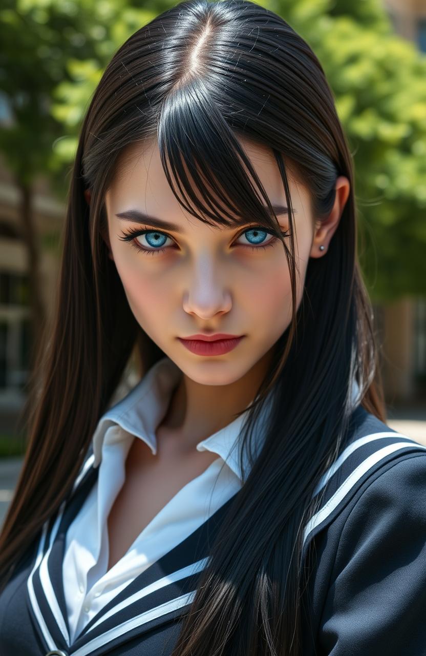 A high school girl with sharp, piercing blue eyes, exuding confidence and intensity