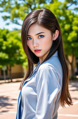 A high school girl with sharp, piercing blue eyes, exuding confidence and intensity