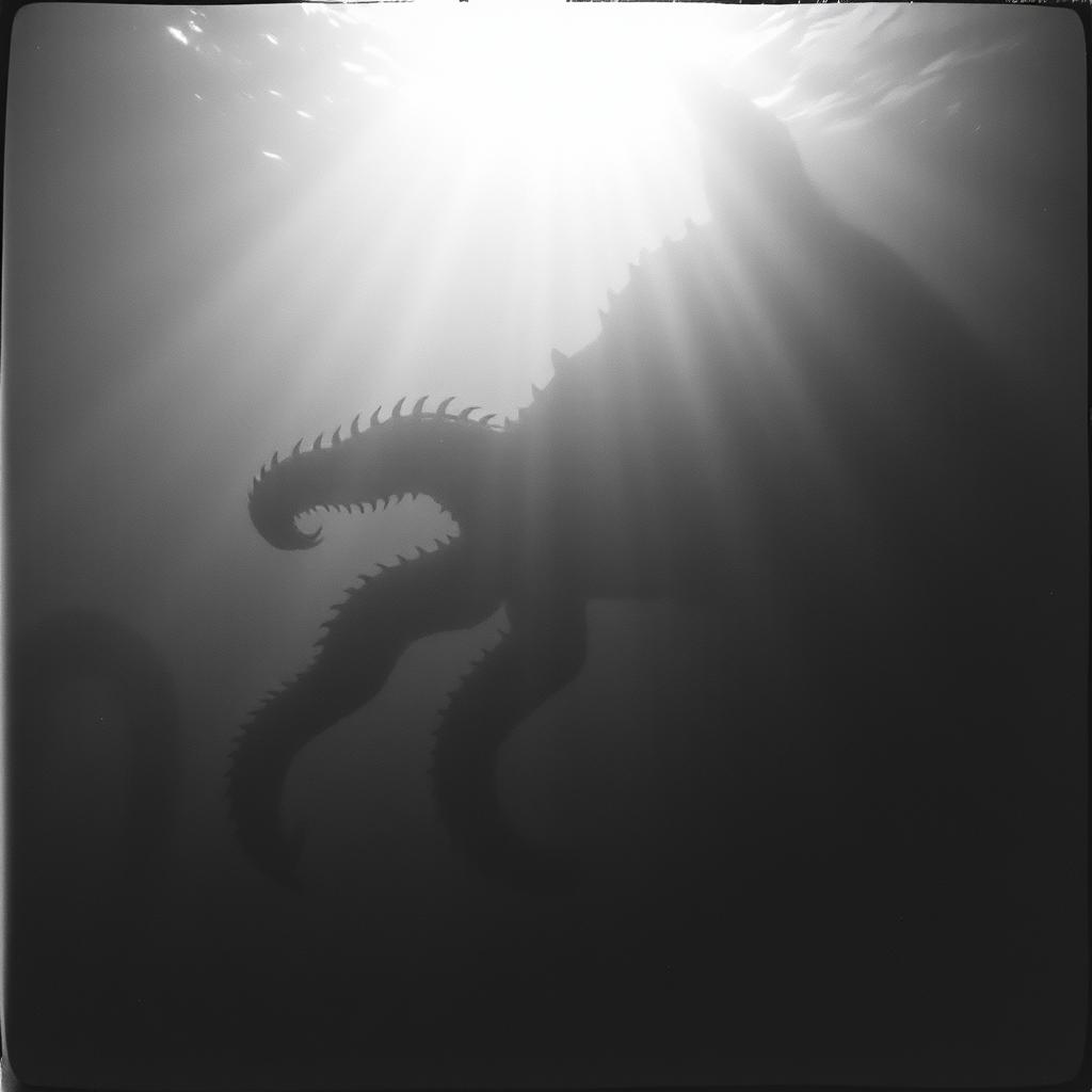 A grainy black and white photograph featuring an enigmatic sea monster lurking in the depths of the ocean