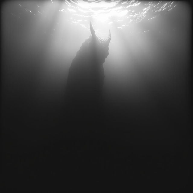 A grainy black and white photograph featuring an enigmatic sea monster lurking in the depths of the ocean