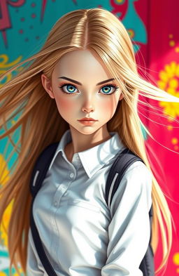 A high school girl with sharp, intense eyes and striking blue irises