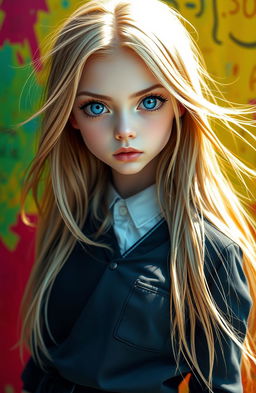 A high school girl with sharp, intense eyes and striking blue irises