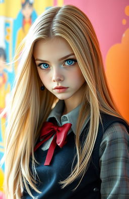 A high school girl with sharp, intense eyes and striking blue irises