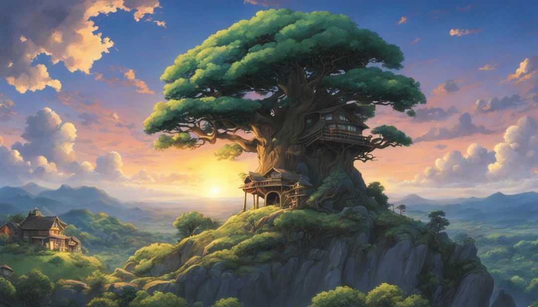 A high-quality Studio Ghibli poster featuring an ancient tree with a glowing treehouse, an idyllic village in the background, and a breathtaking twilight sky