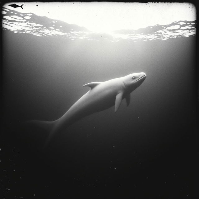 A grainy black and white sonar image depicting a large, mysterious sea monster beneath the ocean waves