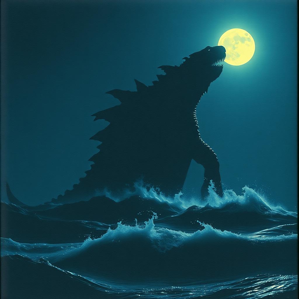 A grainy image of a giant sea monster emerging above the ocean at night, illuminated by the soft glow of the moon reflecting on the water