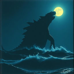 A grainy image of a giant sea monster emerging above the ocean at night, illuminated by the soft glow of the moon reflecting on the water