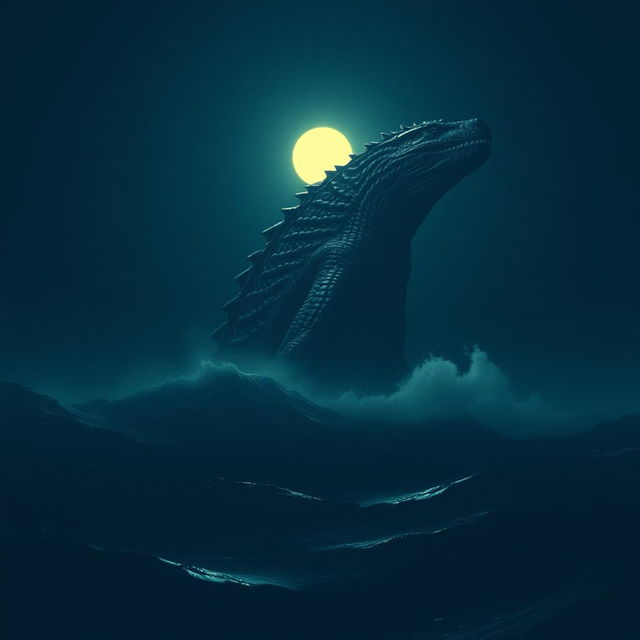 A grainy image of a giant sea monster emerging above the ocean at night, illuminated by the soft glow of the moon reflecting on the water