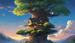 A high-quality Studio Ghibli poster featuring an ancient tree with a glowing treehouse, an idyllic village in the background, and a breathtaking twilight sky