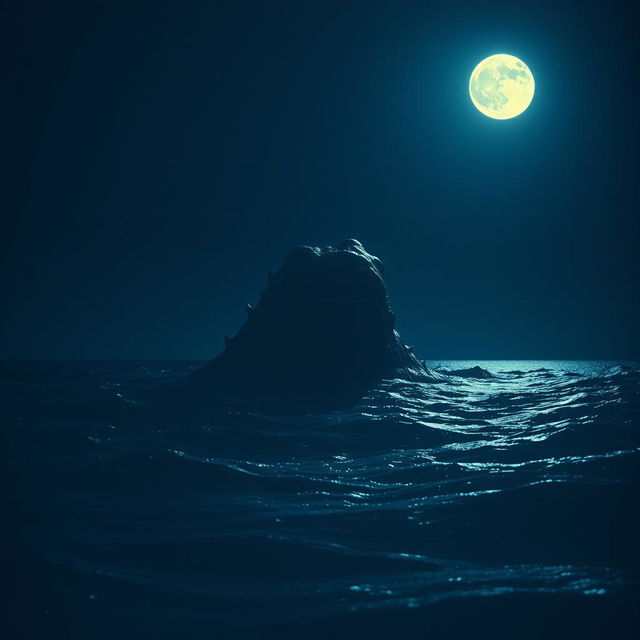 A grainy nighttime image of a giant sea monster poking its head slightly above the ocean's surface