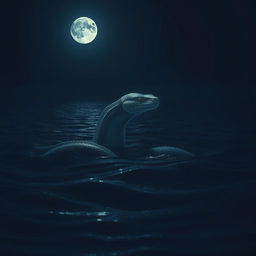 A grainy image of a giant sea serpent poking its head slightly above the ocean's surface during the night