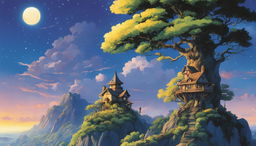 A high-quality Studio Ghibli poster featuring an ancient tree with a glowing treehouse, an idyllic village in the background, and a breathtaking twilight sky