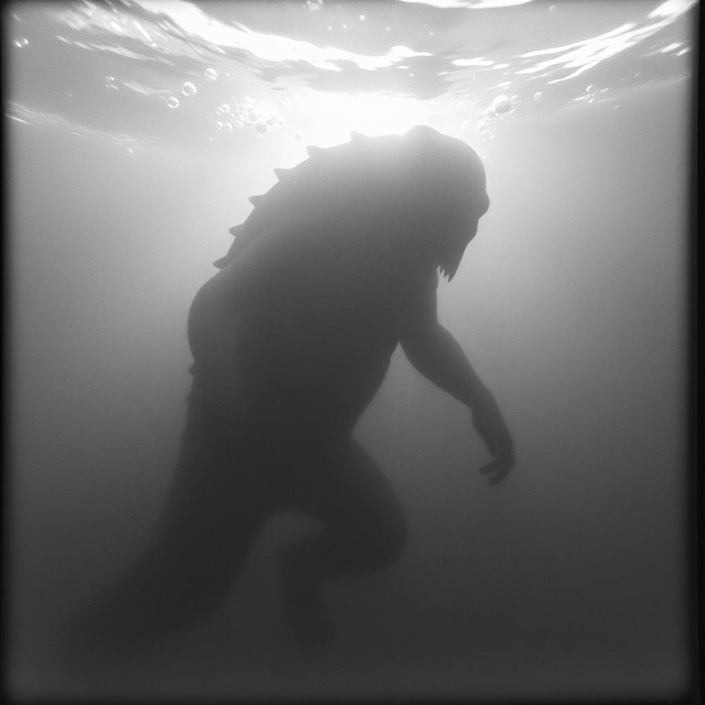 A grainy black and white photo depicting a sea monster lurking beneath the ocean's surface