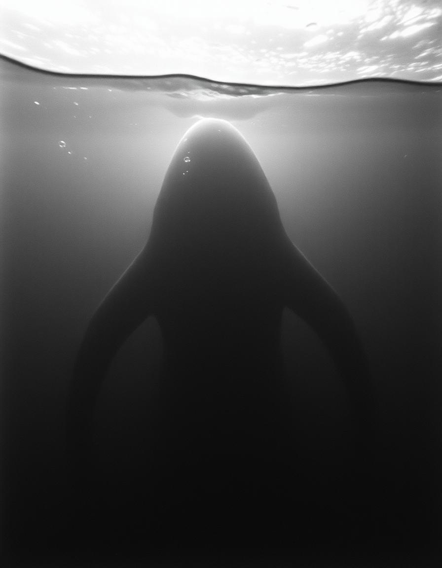 A grainy black and white photo capturing a sea monster lurking in the depths of the ocean