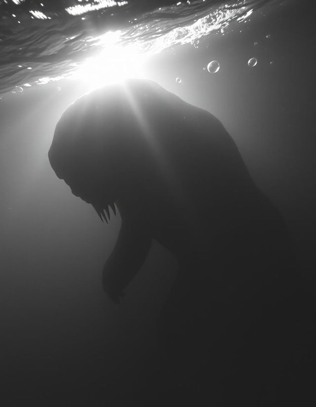 A grainy black and white photo featuring a sea monster lurking beneath the ocean's surface